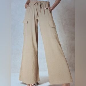 LARGE   HALARA LINEN LIKE DRAWSTRING CARGO POCKET PALOZZO PANTS